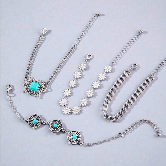 4 PCS Green Turquoise Square Petal Silver Bracelets Set - Picture 5 of 5